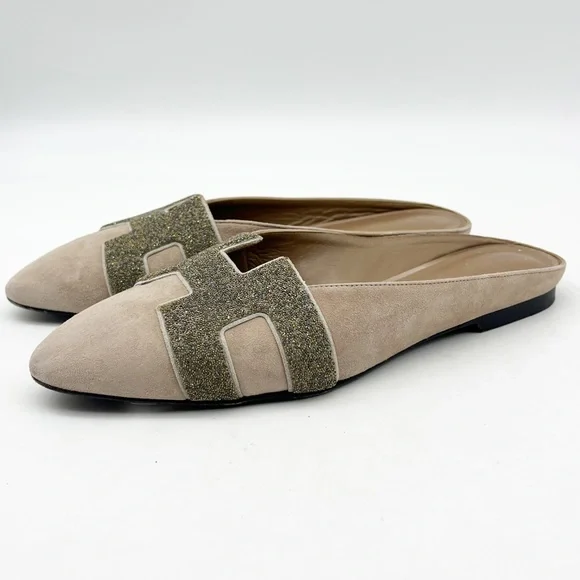 HERMES Beige Suede Leather Mules Flats Slip On Shoes Sz 35 1/2 - Picture 3 of 7